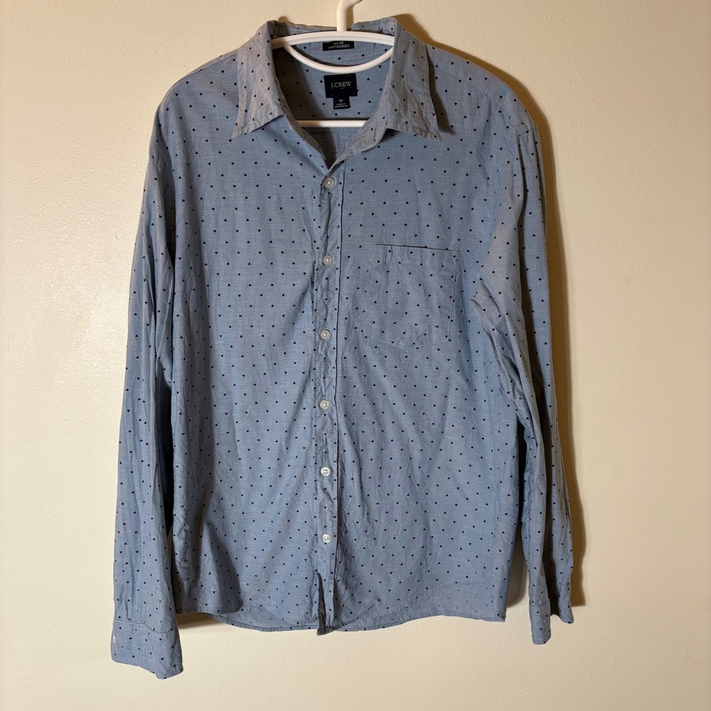 J. Crew Slim Untucked Shirt Blue Heart Print Button Down Long Sleeve Mens Medium